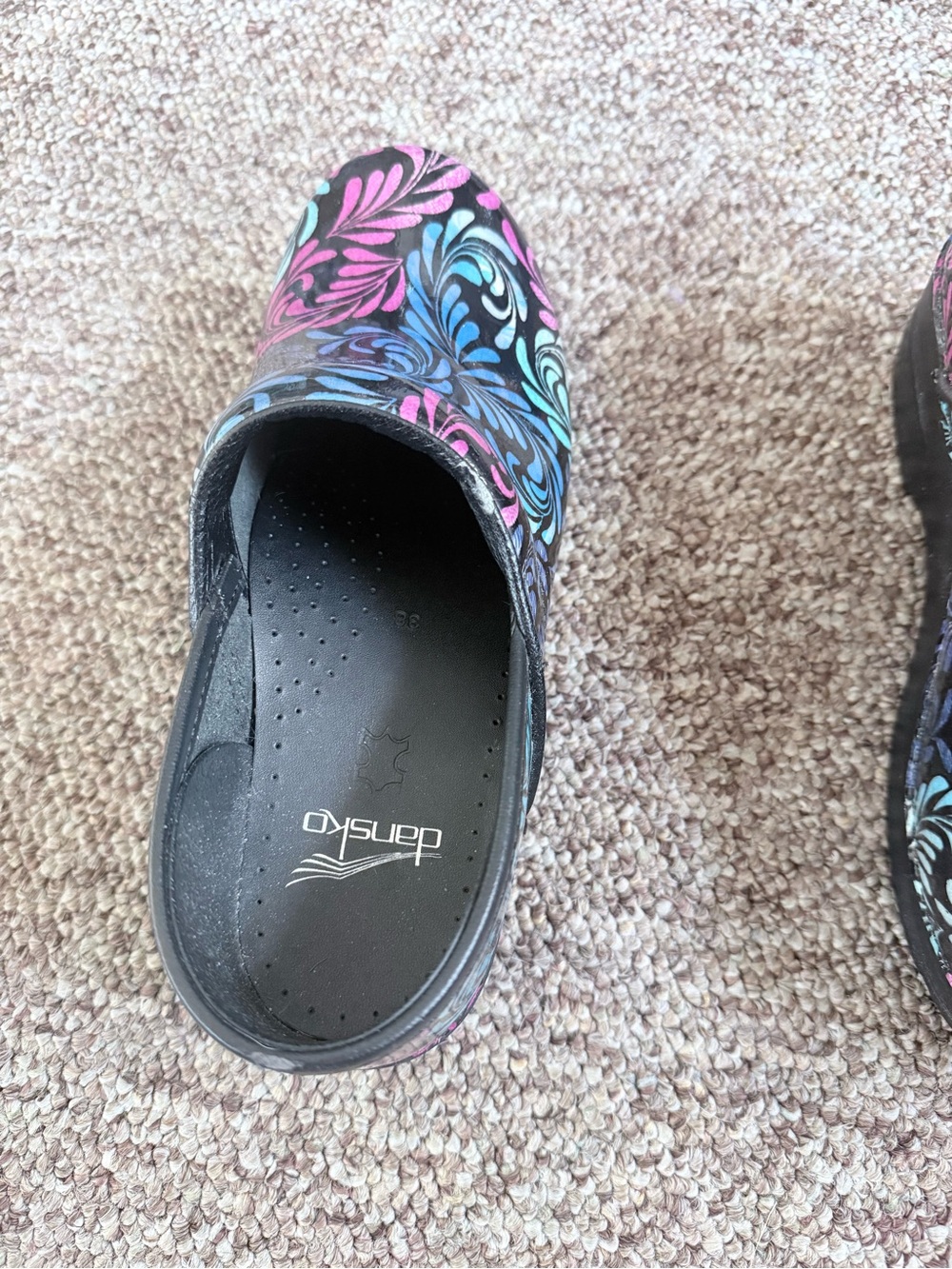 Dansko Black Clogs with Pink & Blue Floral Swirl - Picture 4 of 8
